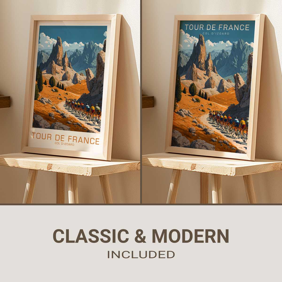 Retro-style poster showing the silhouette of a lone cyclist near the Col d’Izoard summit against a pale sky