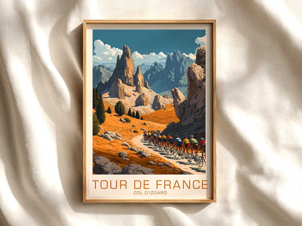 Retro-style poster showing the silhouette of a lone cyclist near the Col d’Izoard summit against a pale sky