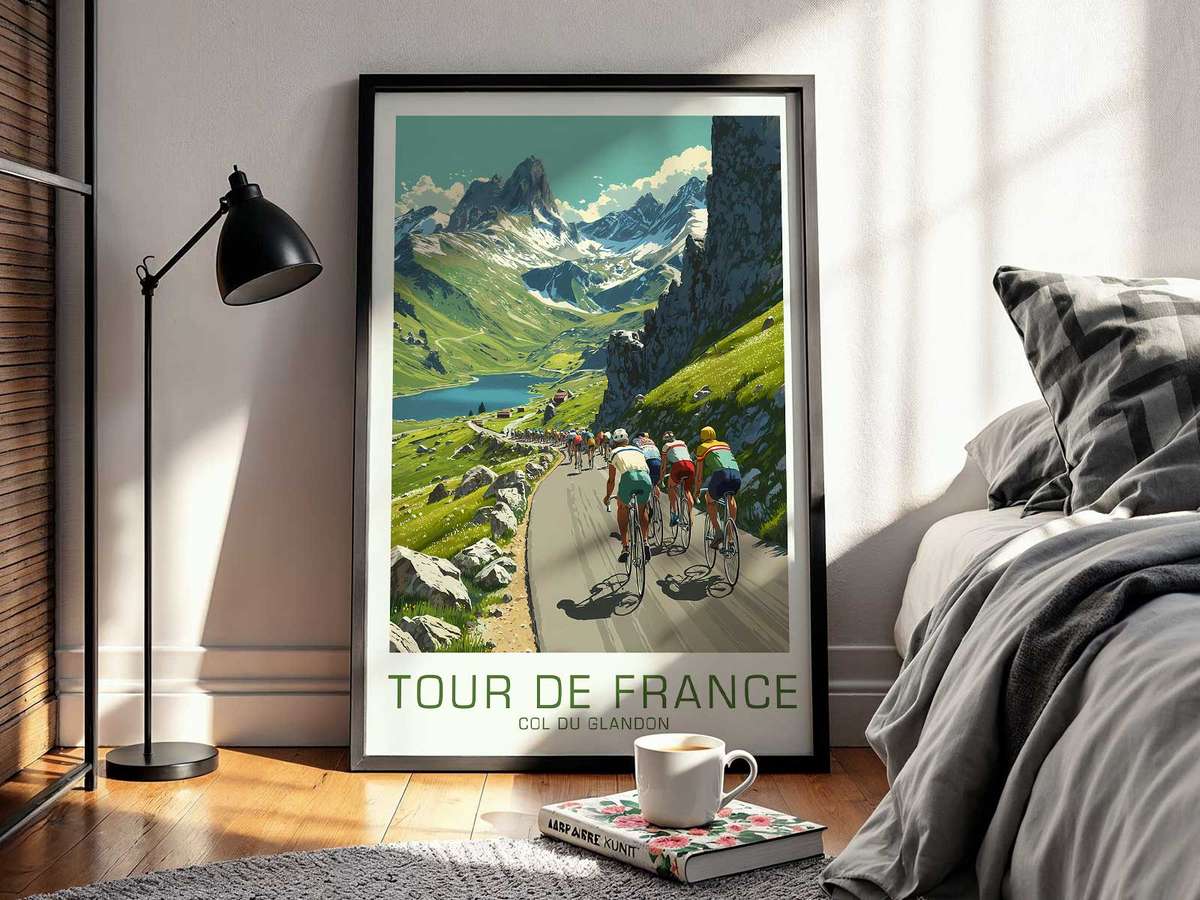 Col du Glandon composition styled as poster and featuring speed, elevation and long-distance character inspired by how a conjures ascent