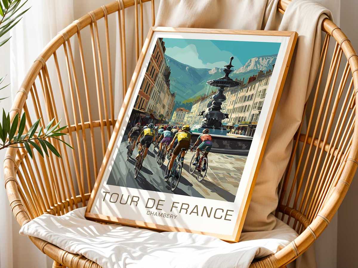 Framed Chambéry vintage cycling poster displayed in a modern interior, showing how historic posters function as…