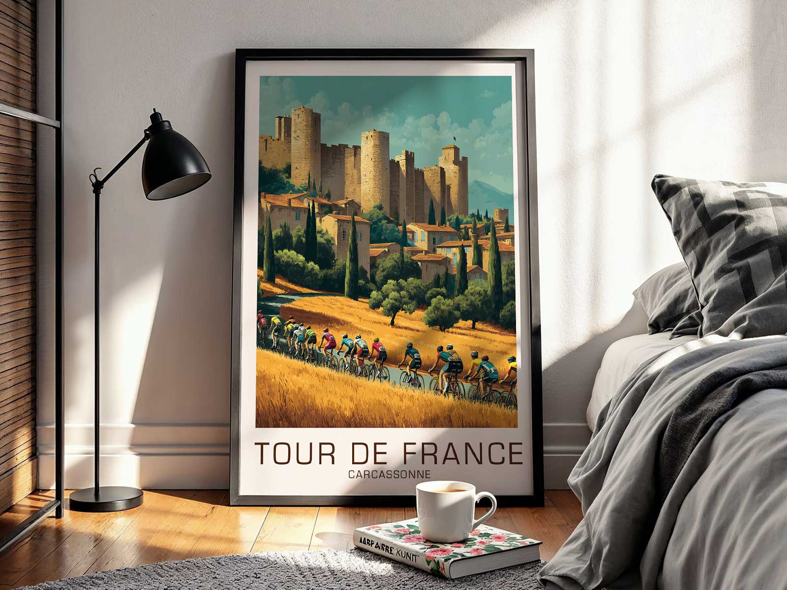 Interior shot of a living room wall displaying a Carcassonne-inspired Tour de France poster among other vintage cycling…