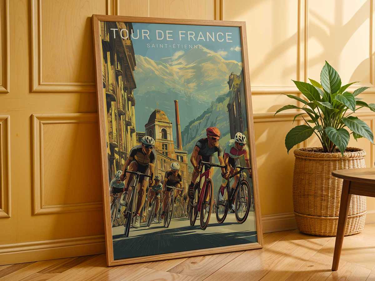 Gallery-style display of multiple framed cycling posters including the Saint-Étienne piece, illustrating a curated…