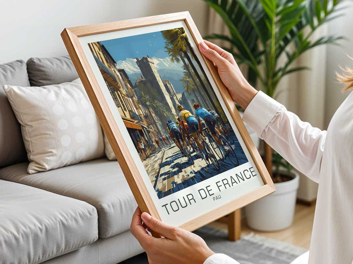 Pau-inspired poster using muted color blocks and subtle Tour de France references to balance sporting heritage and modern…