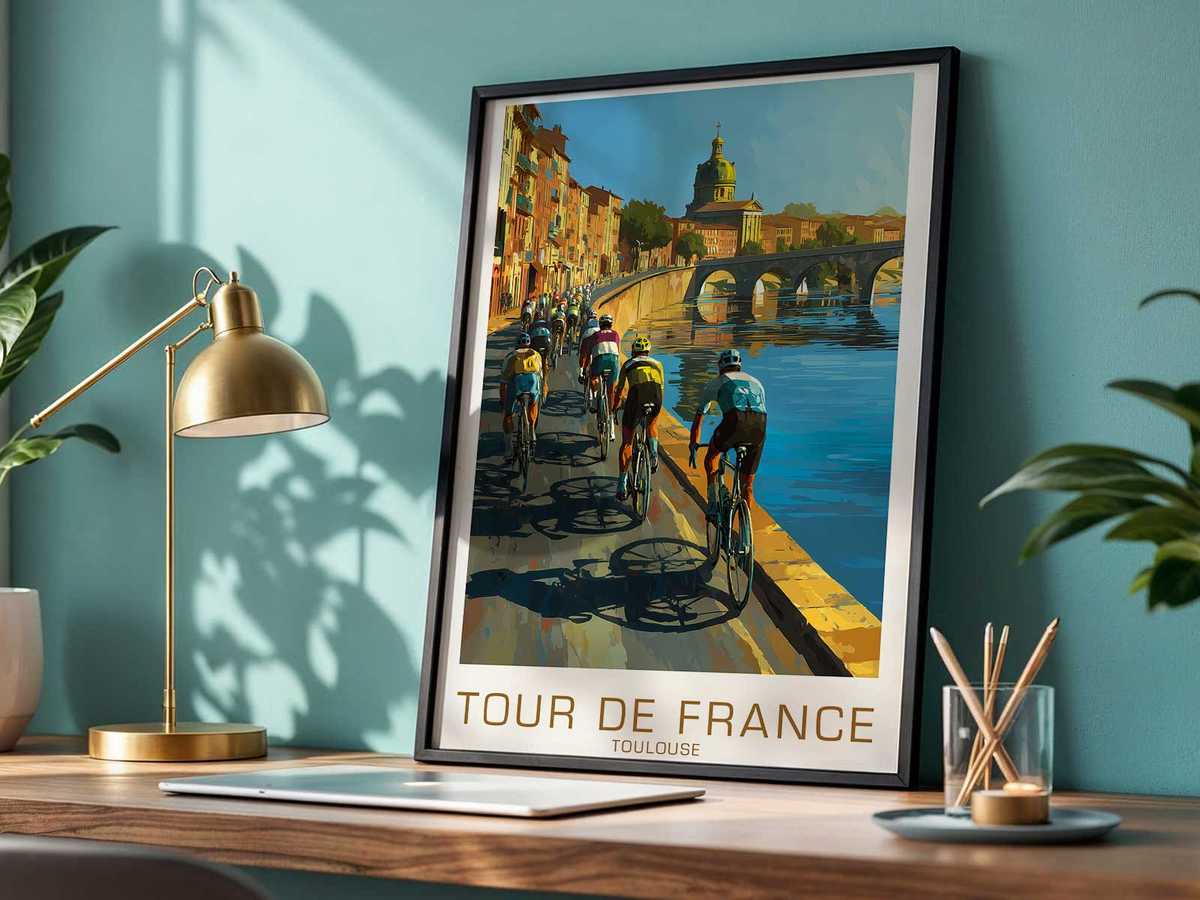 Palette and design elements of a Toulouse Tour-inspired poster with muted hues and archival graphic motifs