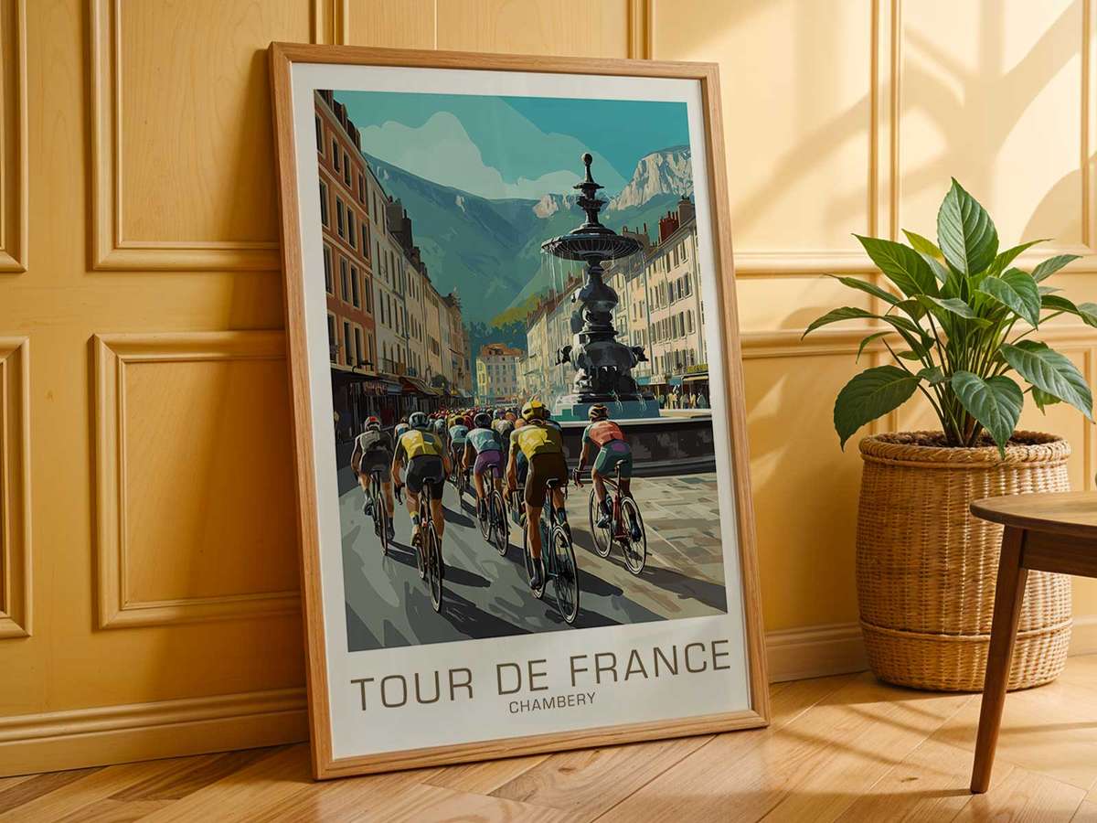 Faded color palette swatches and ink registration marks on an old Chambéry cycling poster, illustrating archival printing…