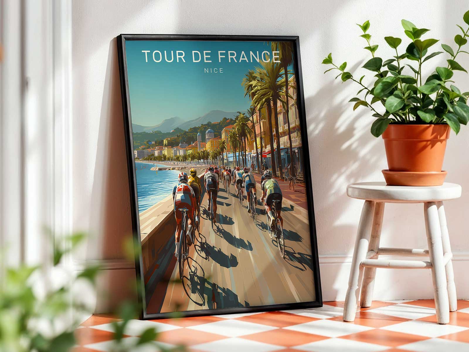 Palette study of faded blues, sun-washed yellows and sepia tones from the Nice Tour de France poster