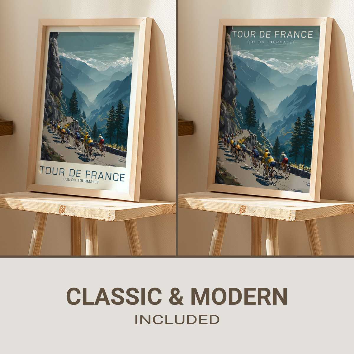 Vintage-style poster of a winding mountain road climbing toward the Col du Tourmalet with tiny cyclists in the distance…
