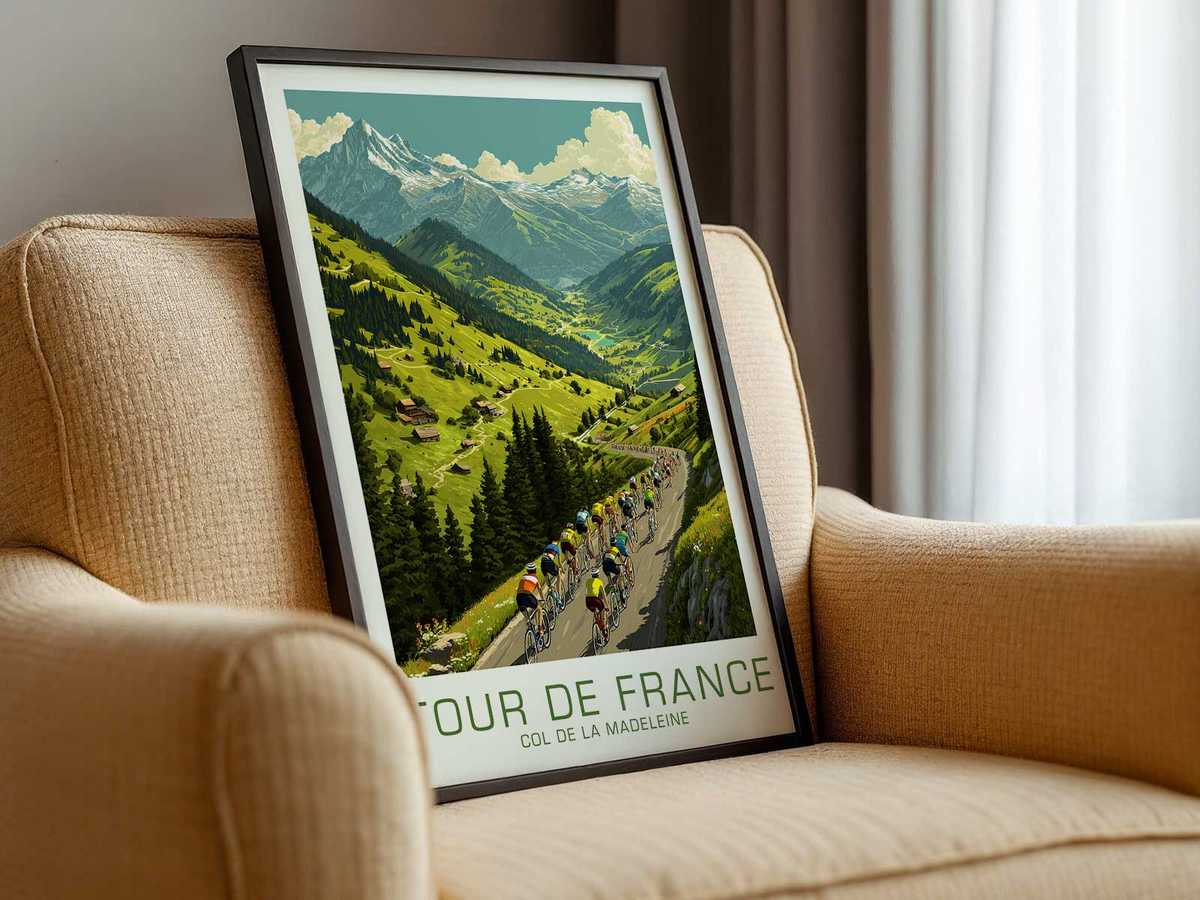 Stylized poster of a cyclist looking ahead and slightly upward while climbing, face set in concentration and endurance on a…