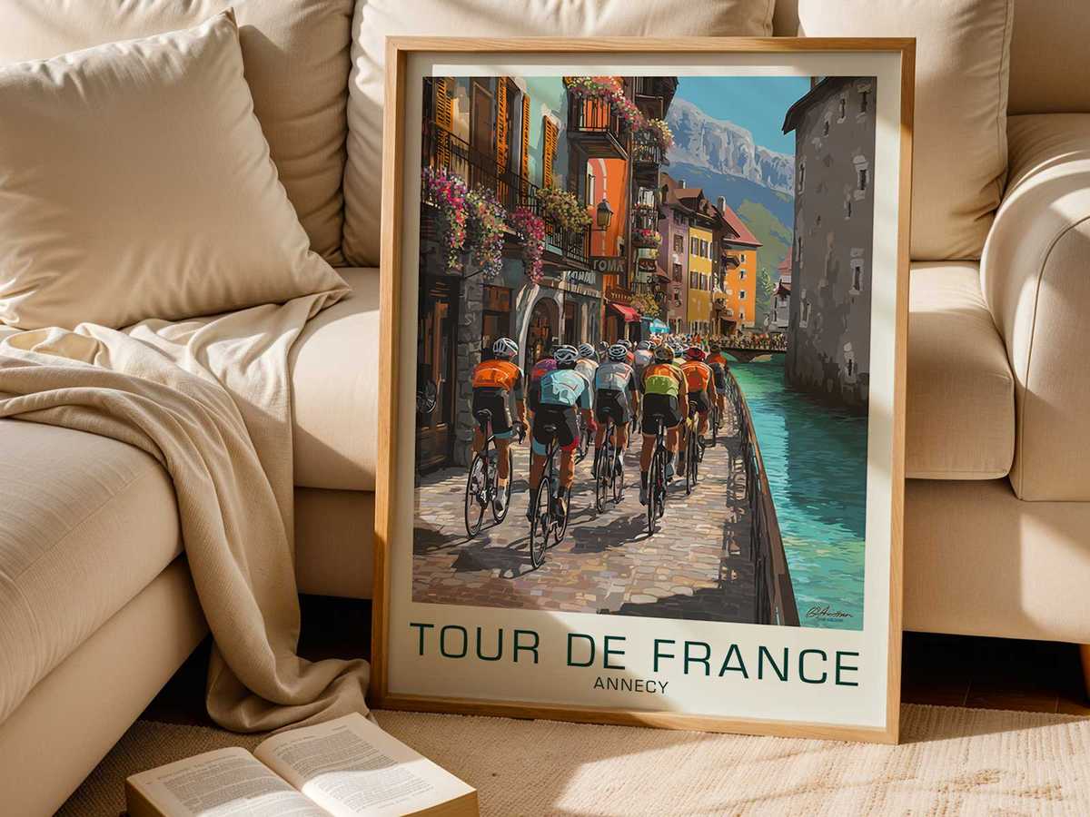 Poster contrasting matte frame surfaces with glossy metal components to evoke tactile quality