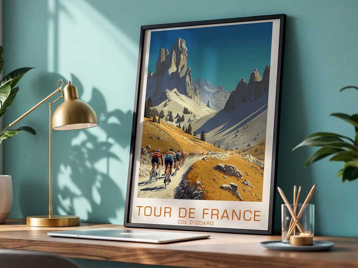 Retro poster of a lone rider leaning into a sharp Izoard corner with rivals close behind, cinematic motion suggested