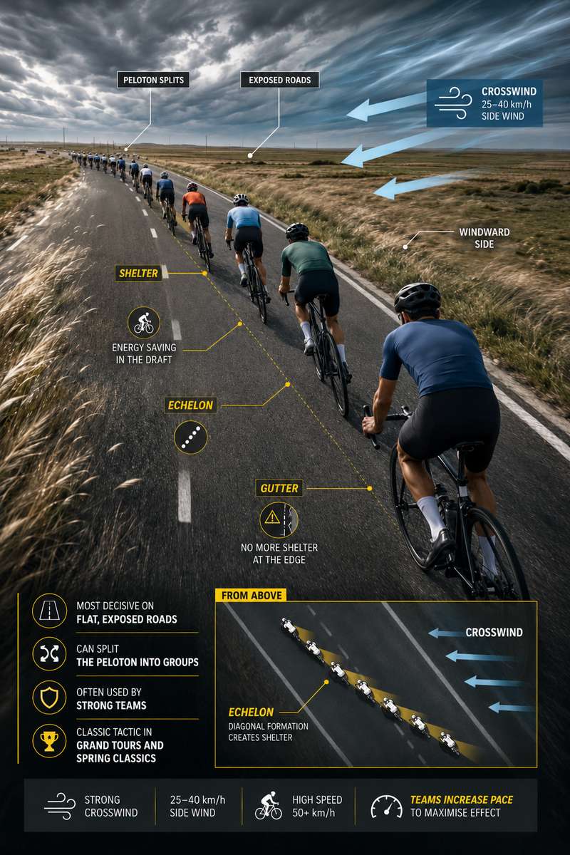 Close-up of an echelon: riders staggered diagonally to shelter from side wind