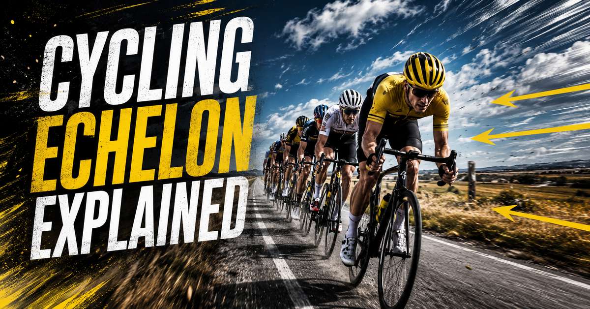 Cyclists in a peloton fanning out across the road under strong crosswinds with visible gaps forming