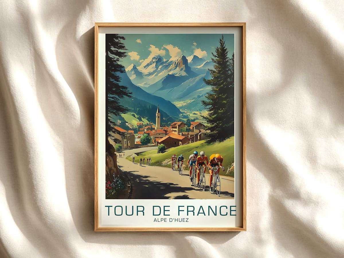 Leader's Push on Alpe d'Huez in Bicycle Art Metal cycling poster displayed as elegant bike racing wall art