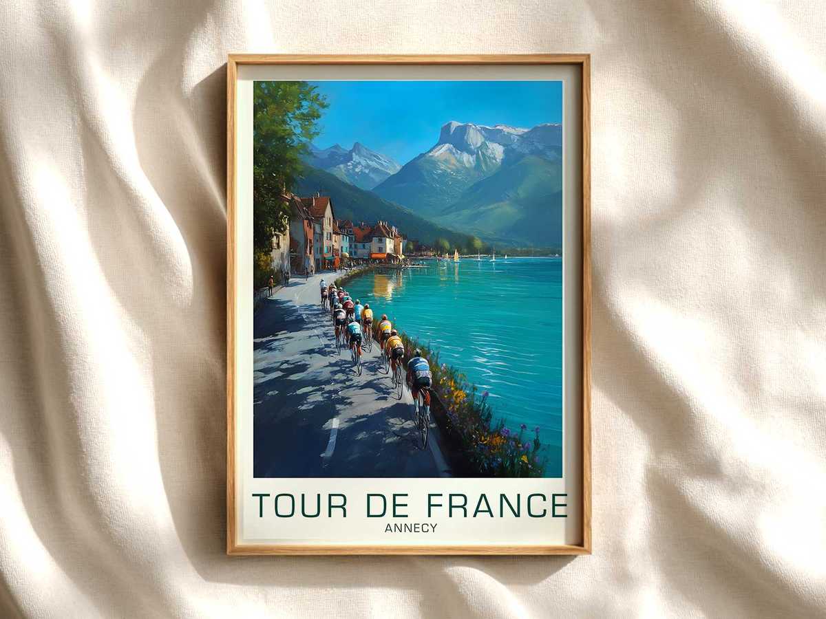 Lakeside Approach to Annecy – Bike Wall Art Decor cycling poster displayed as elegant bike racing wall art