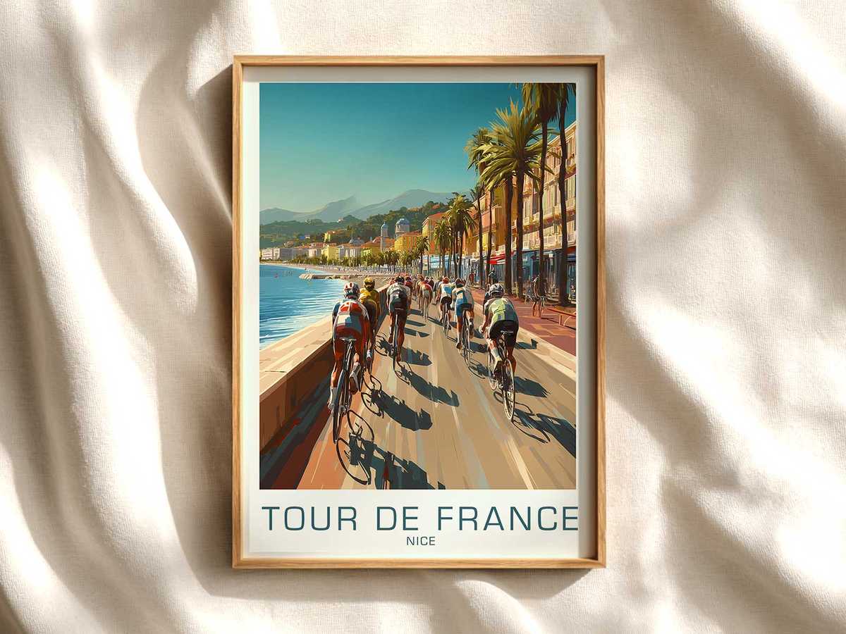 Nice vintage Tour de France poster — coastal scene cycling poster displayed as elegant bike racing wall art