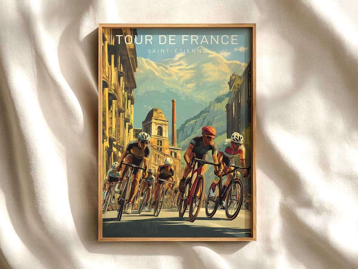 Saint-Étienne Vintage Poster Overview cycling poster displayed as elegant bike racing wall art