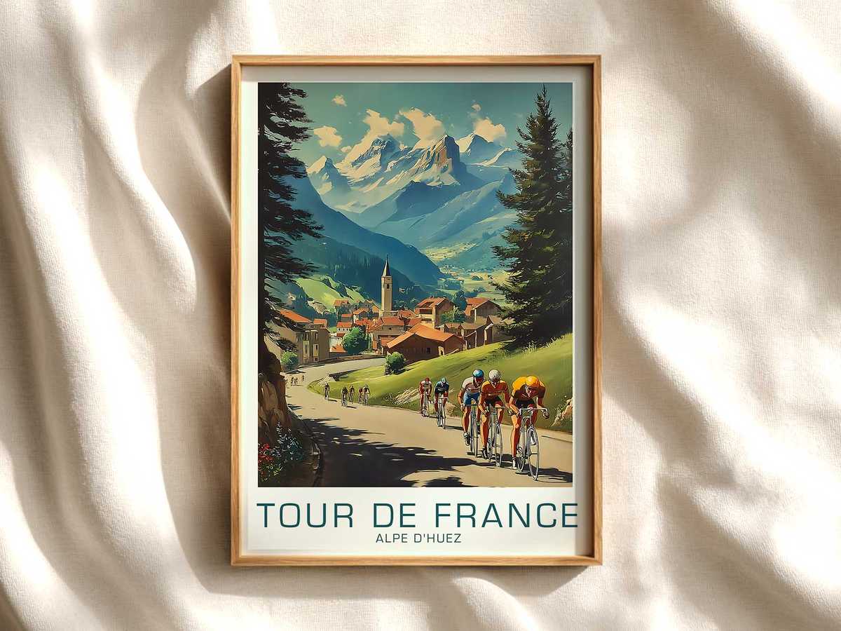 Leader's Push on Alpe d'Huez in Bicycle Art Metal cycling poster displayed as elegant bike racing wall art