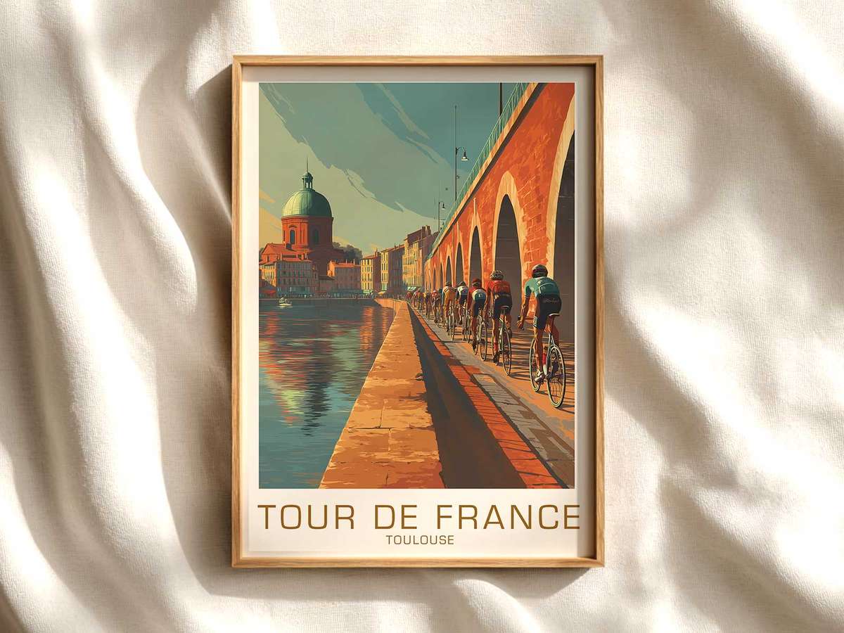 Riverside Peloton at Golden Hour cycling poster displayed as elegant bike racing wall art