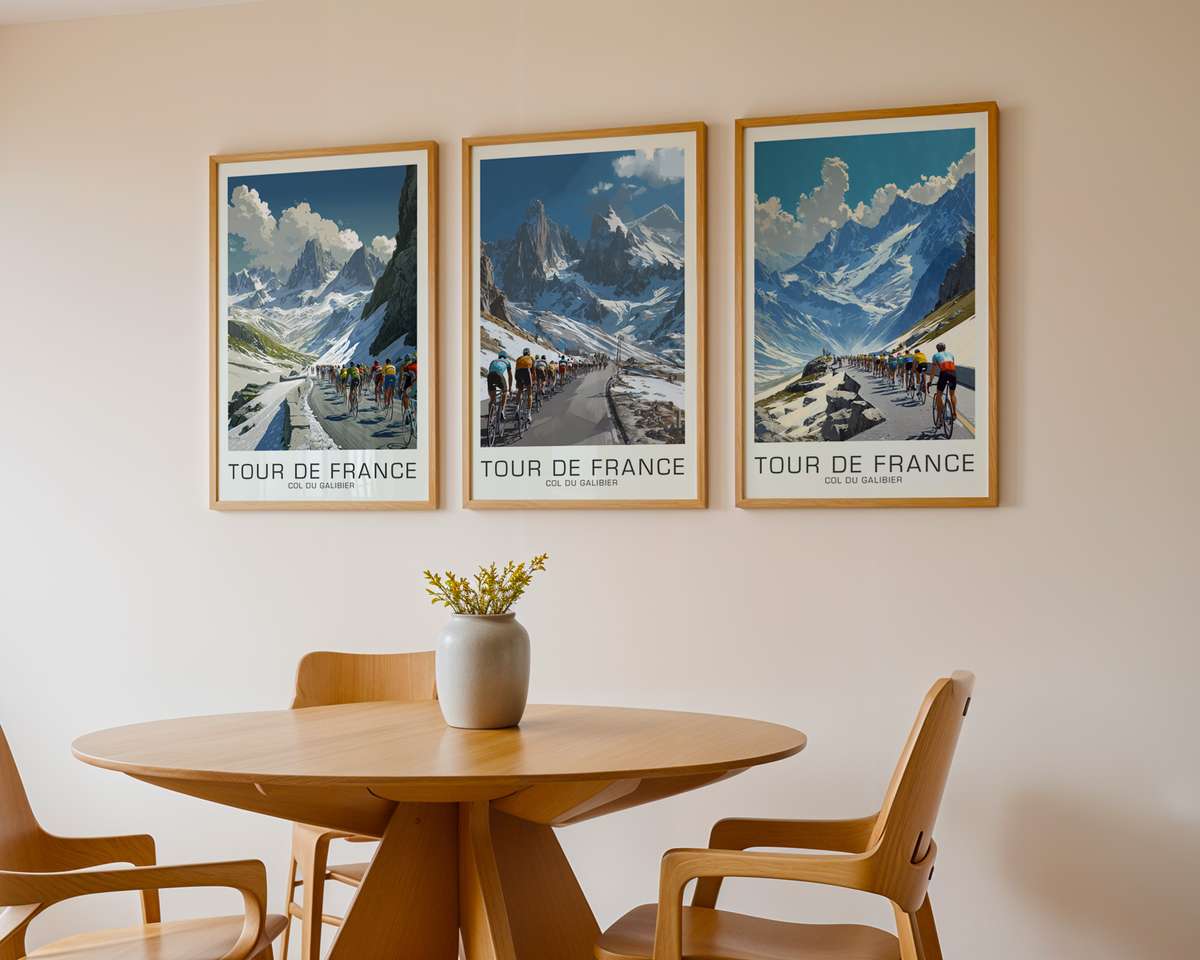 Summit silhouette on Col du Galibier poster cycling poster displayed as elegant bike racing wall art