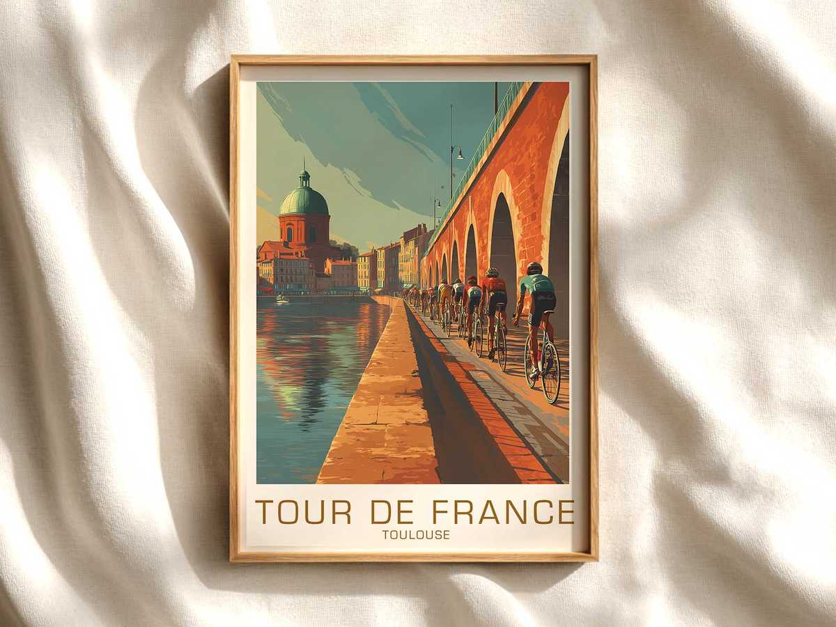 Riverside Peloton at Golden Hour cycling poster displayed as elegant bike racing wall art