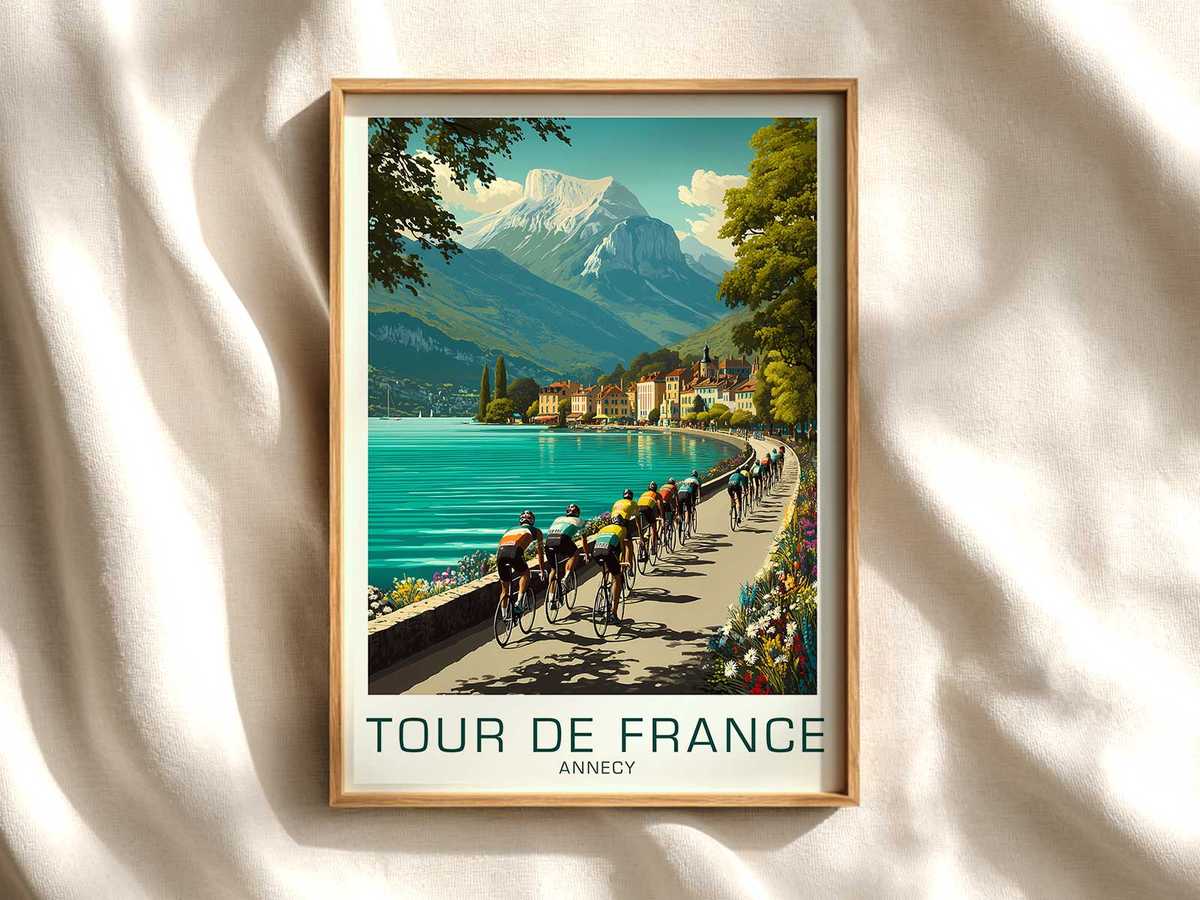 Annecy vintage poster evoking Tour de France memory cycling poster displayed as elegant bike racing wall art
