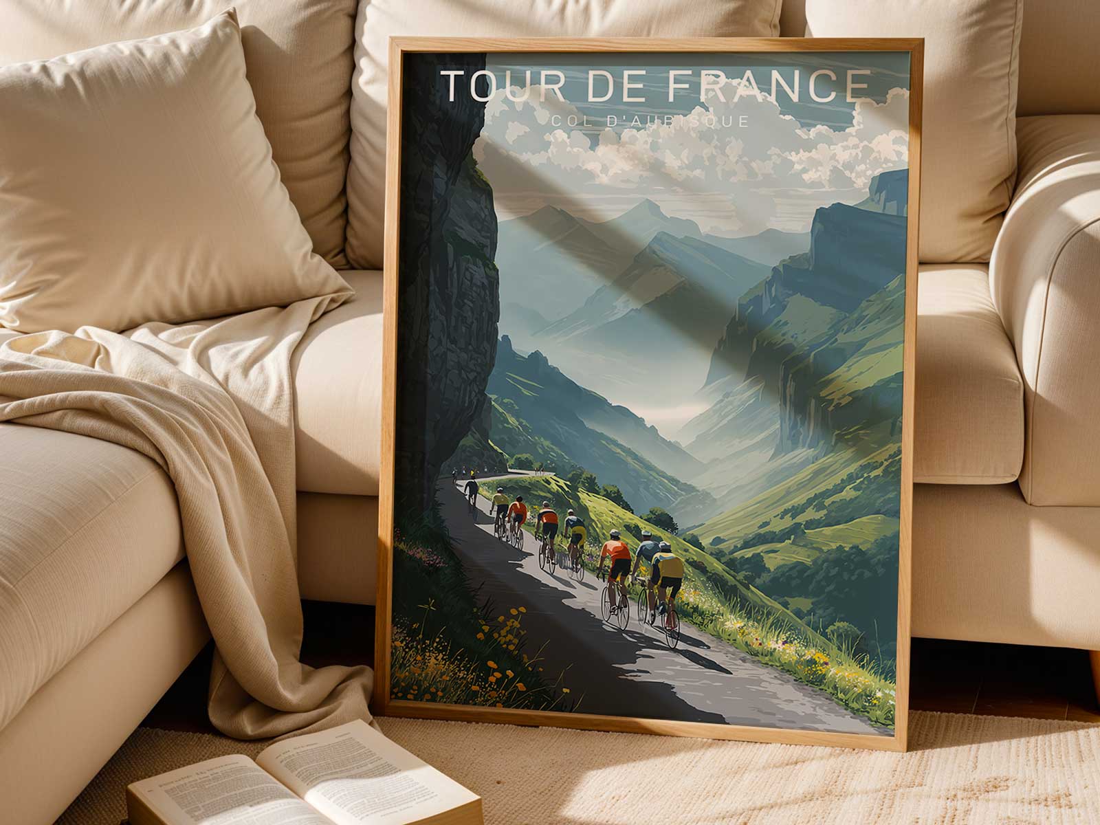 Retro poster showing a lone cyclist ascending in shadow, small against the mountain to stress endurance and drama