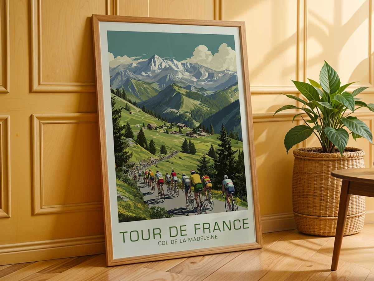Close-up poster of a cyclist leaning into the climb, muscles and posture expressing prolonged effort