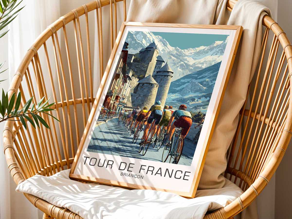 Stylized cyclist figure in the foreground with Briançon landscape motifs behind, from a vintage poster