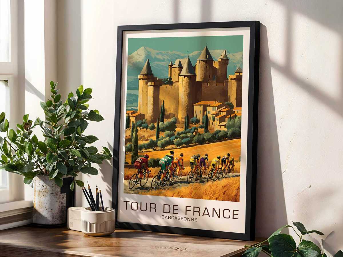 Detail of the cyclist figure in a vintage jersey and leather helmet against the Carcassonne skyline