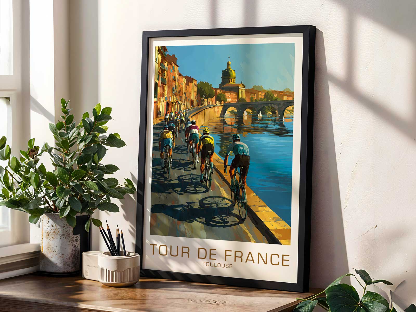 Profile view of the illustrated cyclist from the poster, with period kit and dynamic linework against a Toulouse skyline