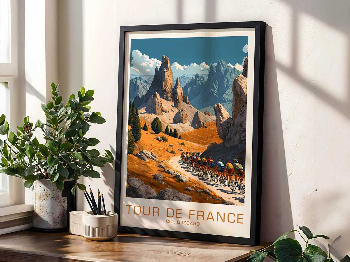 Retro poster closeup of a cyclist’s effortful posture and tensed muscles while climbing the Col d’Izoard