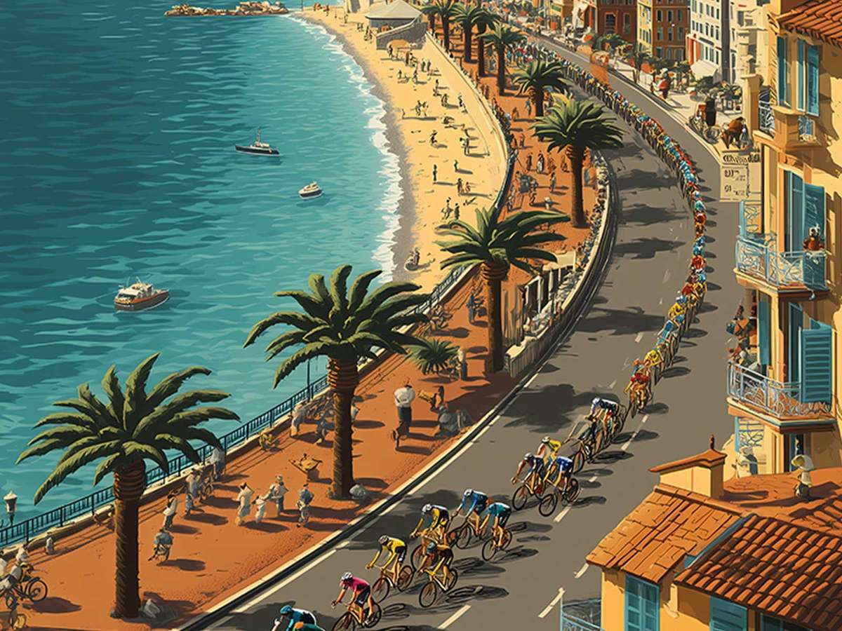 Illustration of cyclists riding along the Nice coastline on a vintage-style poster with historical typography