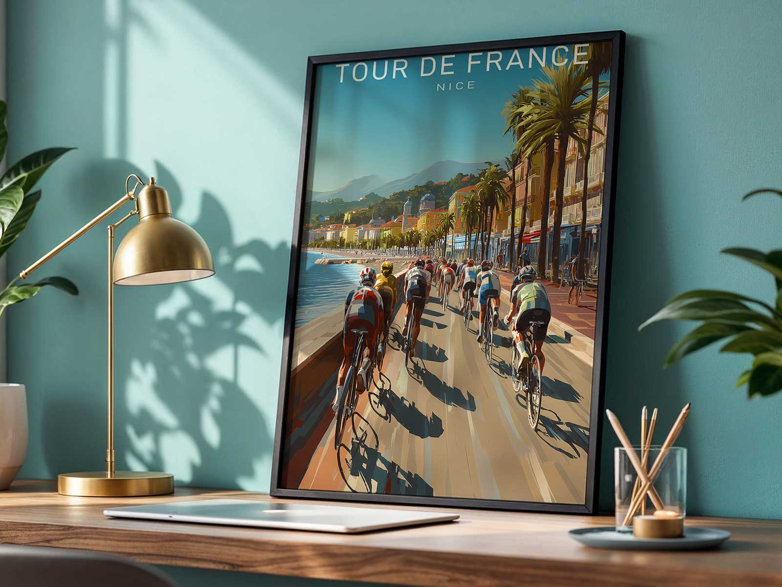 Silhouette of cyclists against a stylized Nice skyline from the vintage Tour de France poster