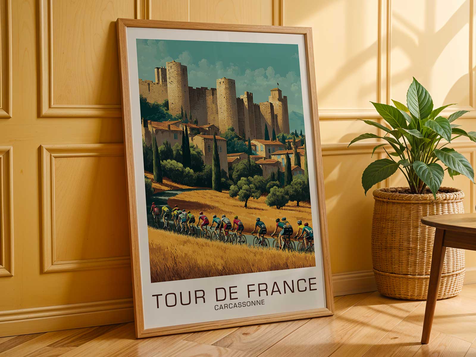 Ornate decorative border framing a Carcassonne-inspired Tour de France poster with period typography