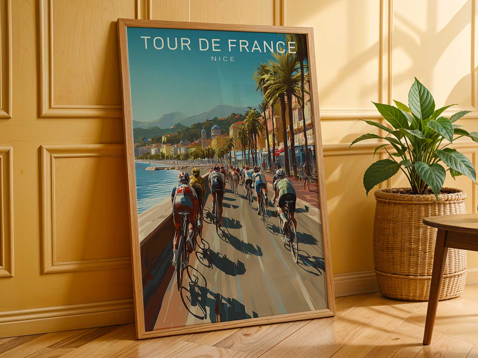Detail of vintage typography and poster lettering that frames the Tour de France Nice design