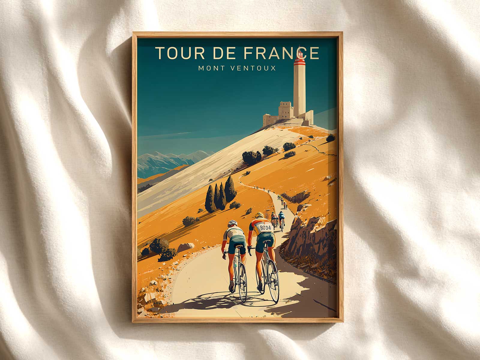 A distant peloton approaches over a crest on Mont Ventoux, tiny figures against a vast sky suggesting suspense as the gap…