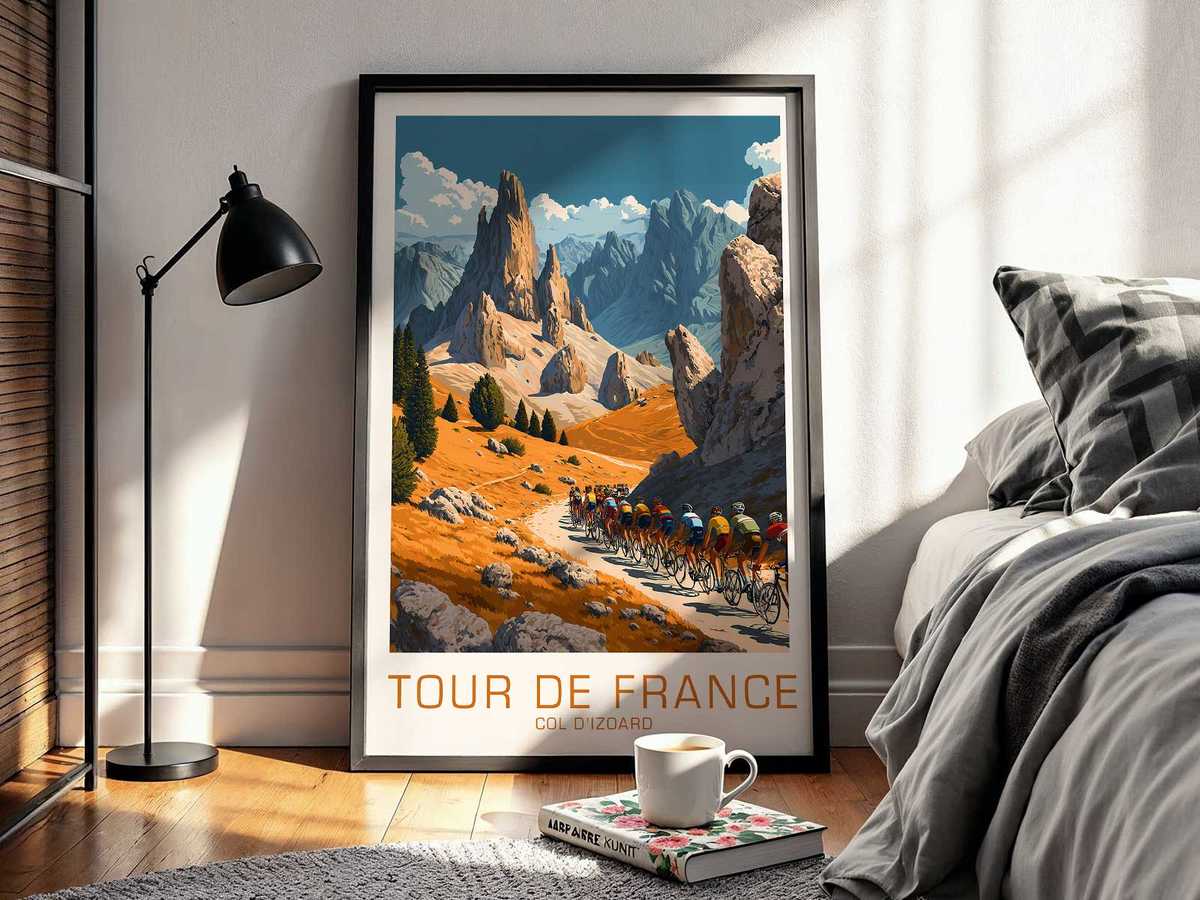 Poster showing a distant valley view from the Col d’Izoard summit with layered mountain silhouettes and fading light