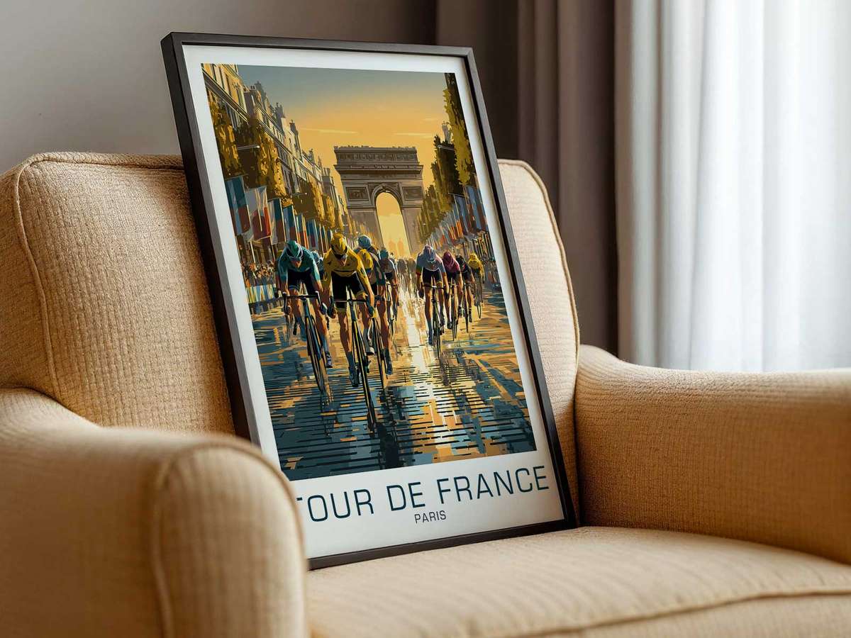 Silhouetted cyclists crossing the finish stretch against backlit buildings, conveying speed and drama