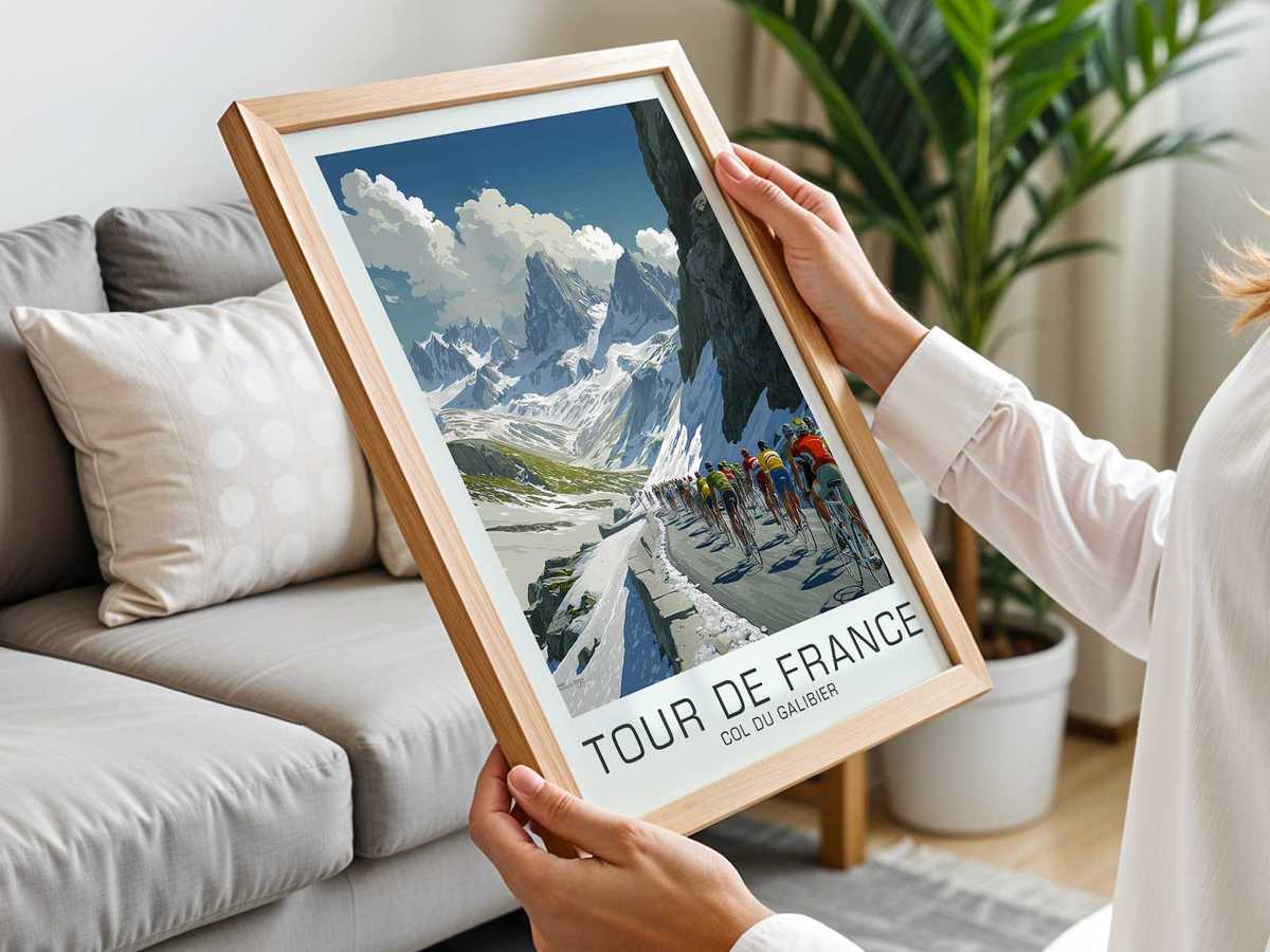 Retro poster showing warm dawn light breaking over Galibier slopes, casting long shadows and dramatic contrast