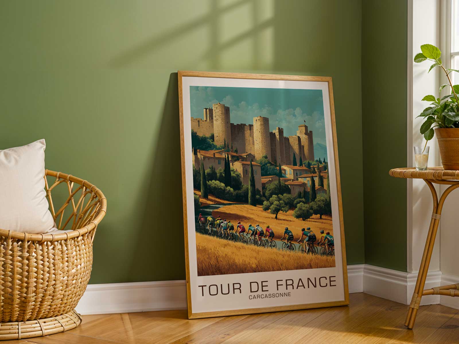 Poster detail showing a soft faded color gradient from warm sandstone to cool twilight evoking Carcassonne's atmosphere