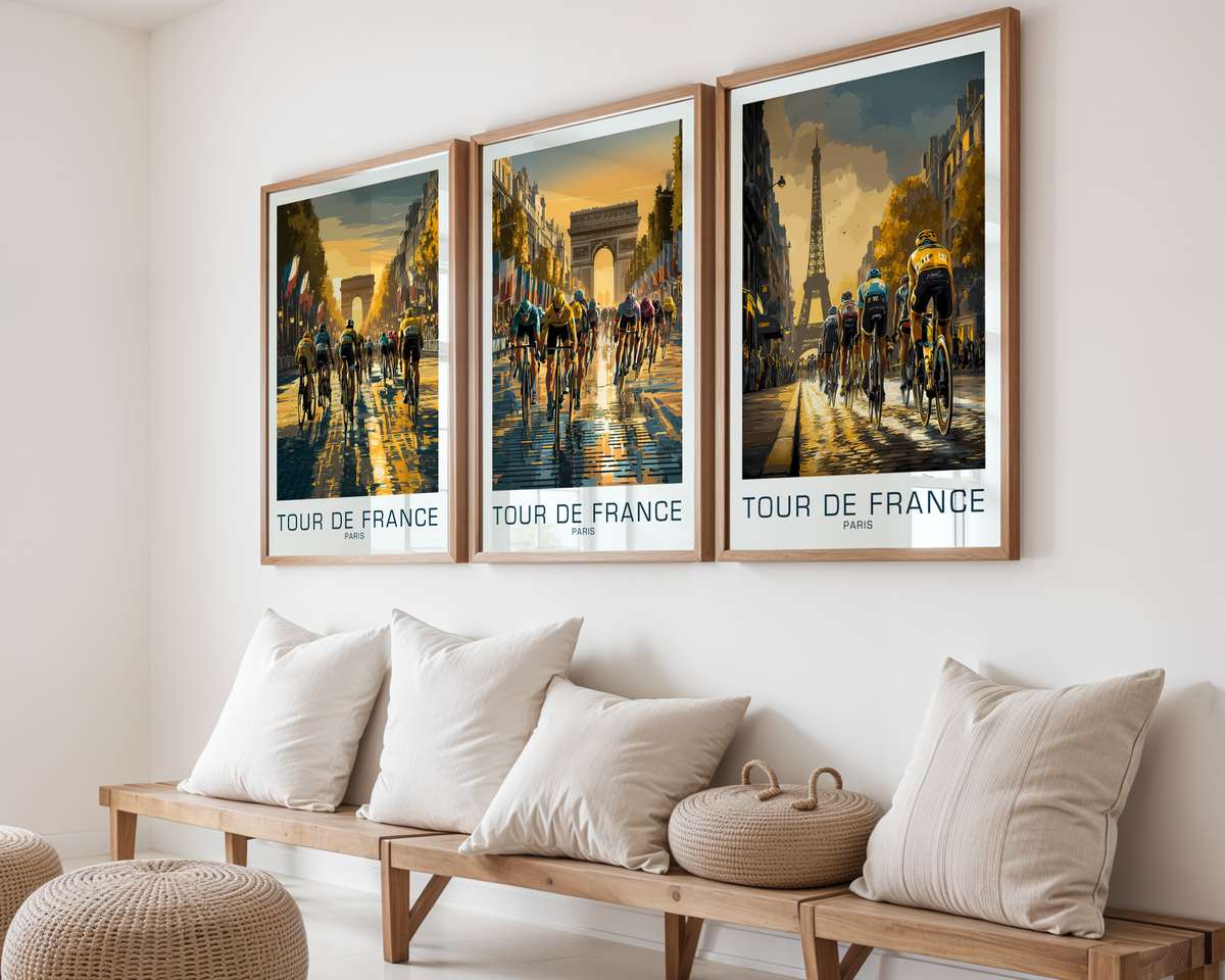 Final Stretch Sprint on the Champs-Élysées cycling poster displayed as elegant bike racing wall art