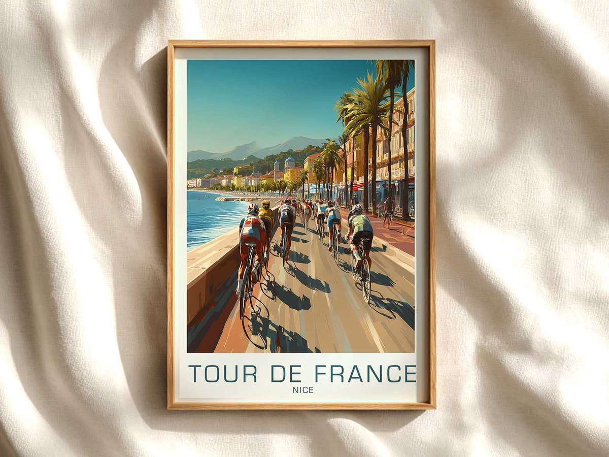 Nice vintage Tour de France poster — coastal scene cycling poster displayed as elegant bike racing wall art