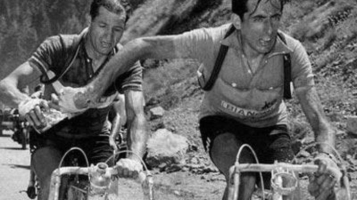 Fausto Coppi launching a decisive attack on a steep alpine climb during a Grand Tour stage