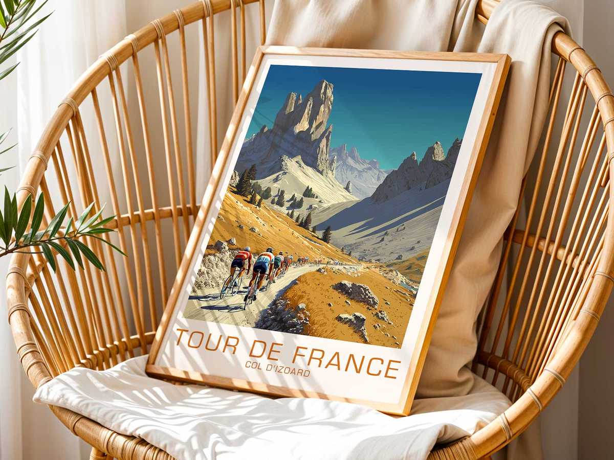 Poster depicting a rider's last push toward the Izoard summit with tense clouds and a cinematic horizon