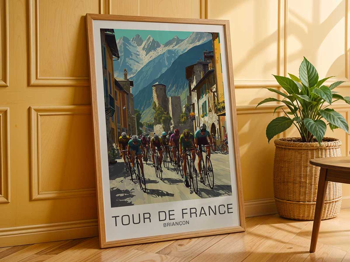 Poster emphasizing the racing frame geometry angling against Briançon ridge to form an architectural structure