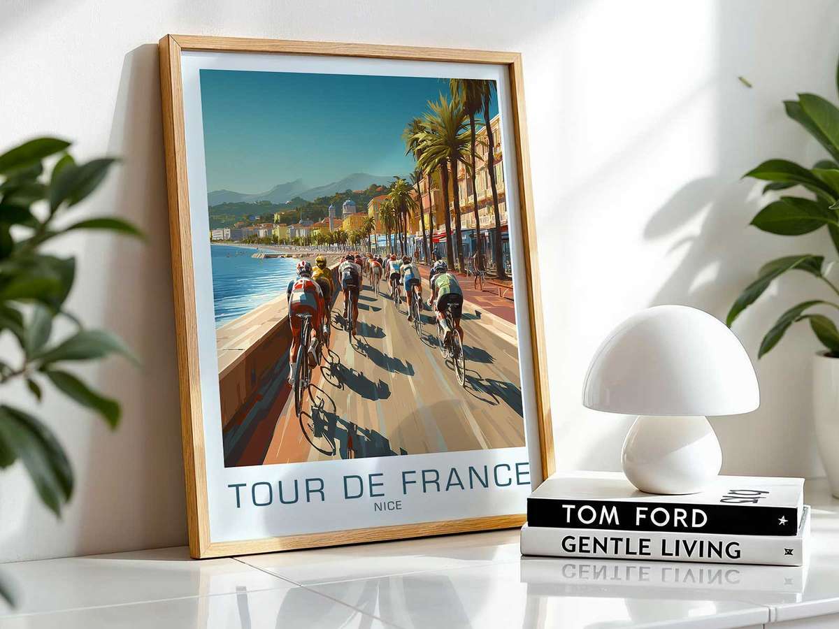Framed vintage Nice poster displayed in a living room, showing decorative impact on contemporary interiors