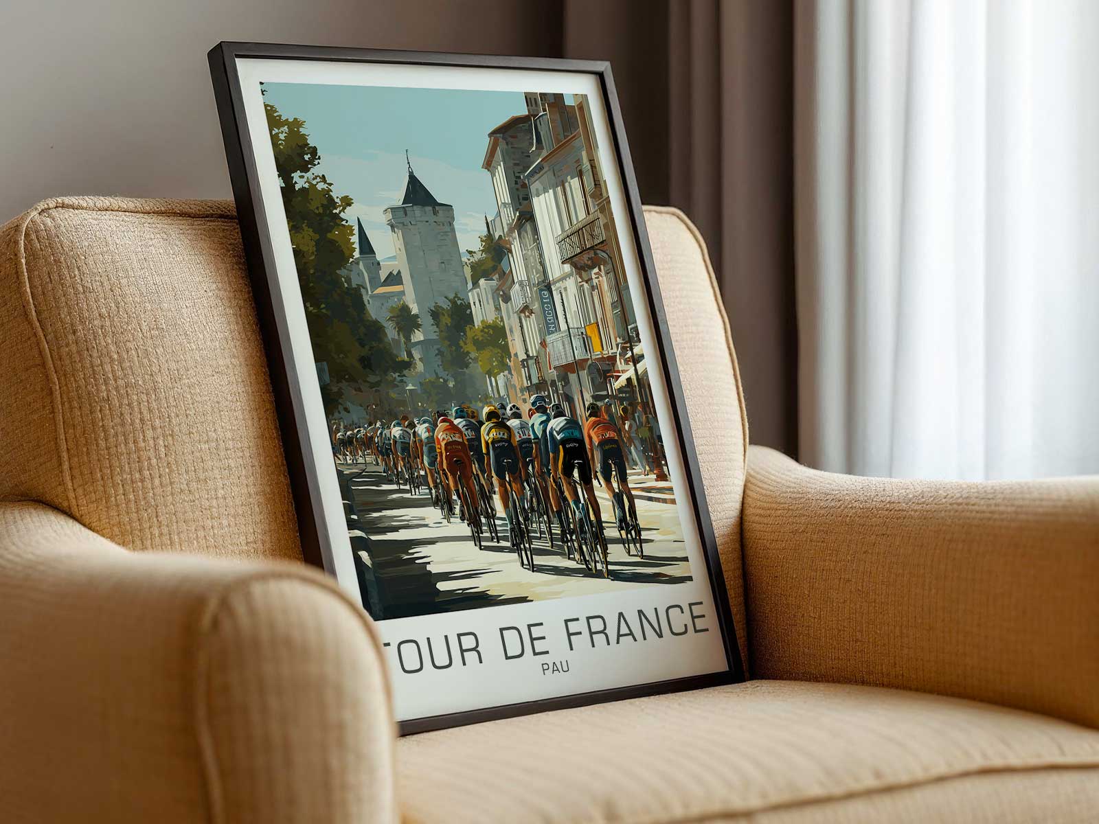 Framed Saint-Étienne cycling poster displayed on a living room wall as stylish wall art