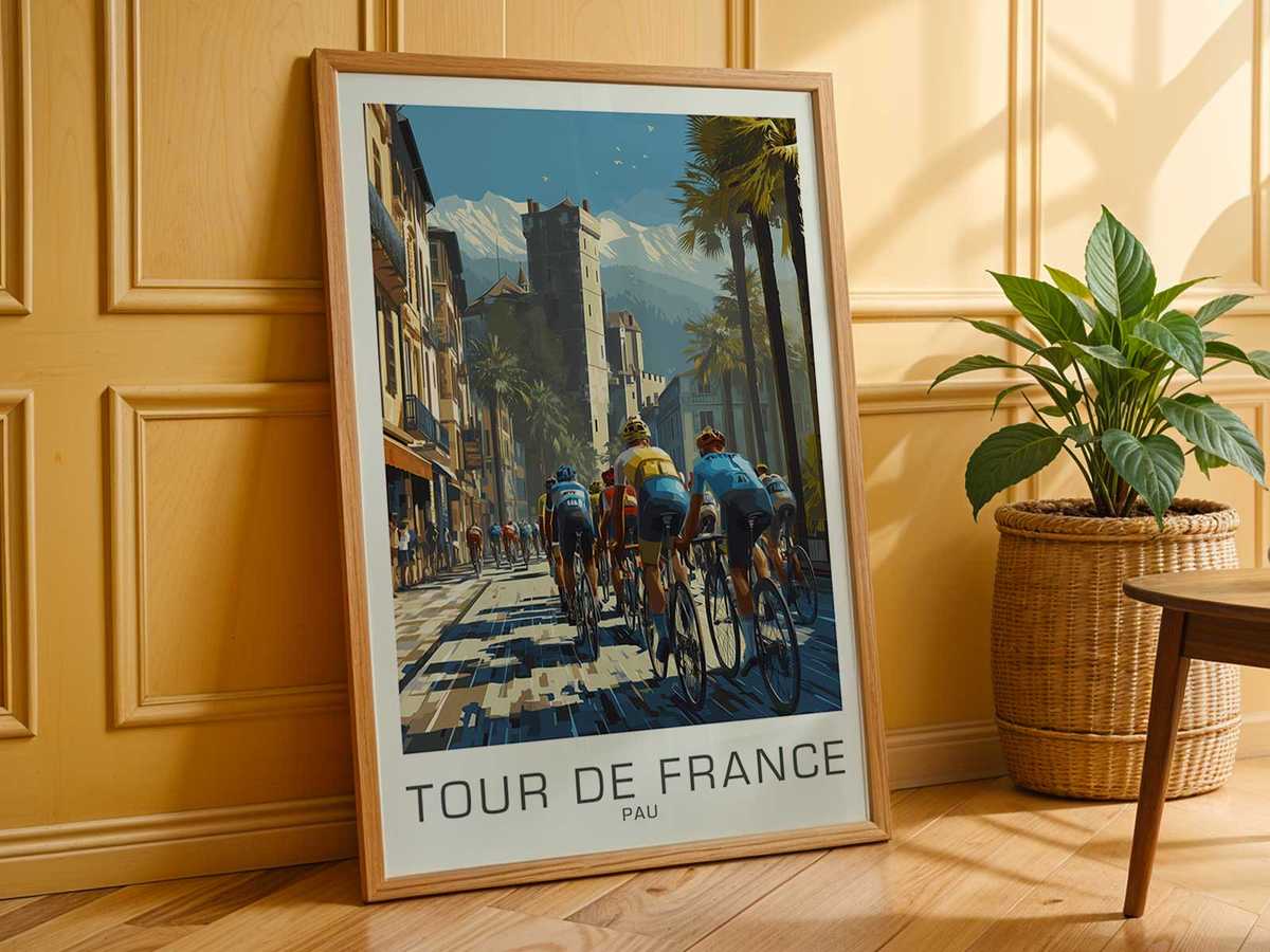 Framed Pau-inspired bicycle poster displayed in a sporty, design-forward living space to show appeal for cycling enthusiasts