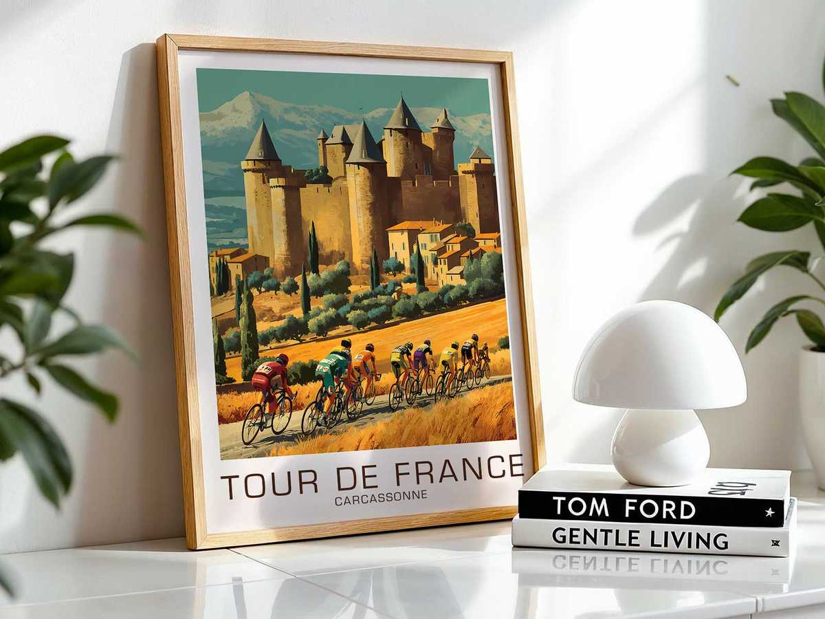 Photograph of the vintage poster framed on a living room wall to demonstrate decorative potential