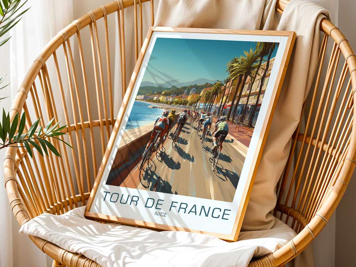 Vintage Tour de France poster framed and hung over a mid-century console in a living room setting